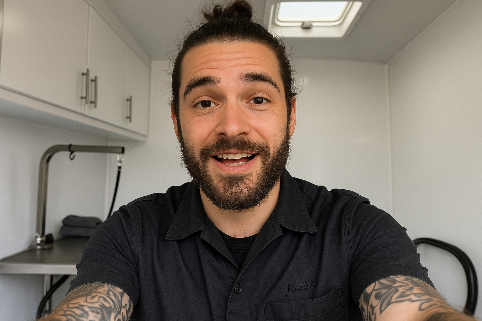 Tattooed groomer setting out his shears