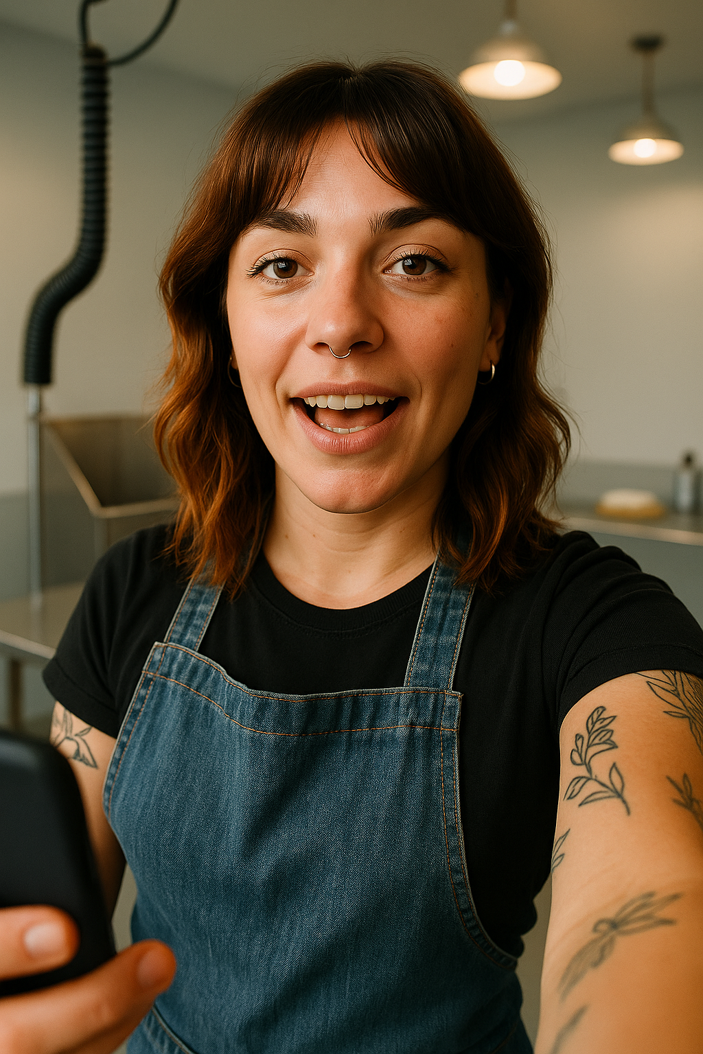 Pet groomer recording her video introduction on her phone